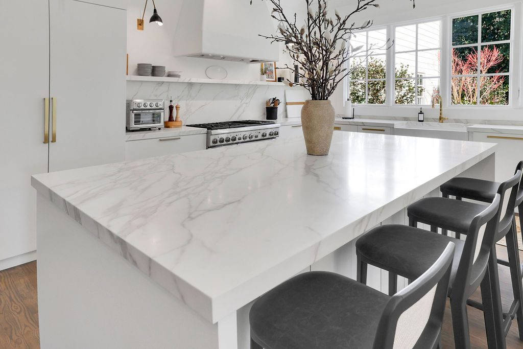Waterfall marble island — Floating Shelf kitchen